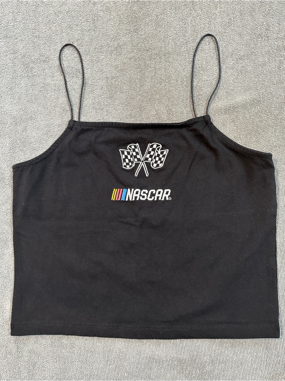 Nascar Black Racer Crop Tank with Checkered Flags - Size Small
